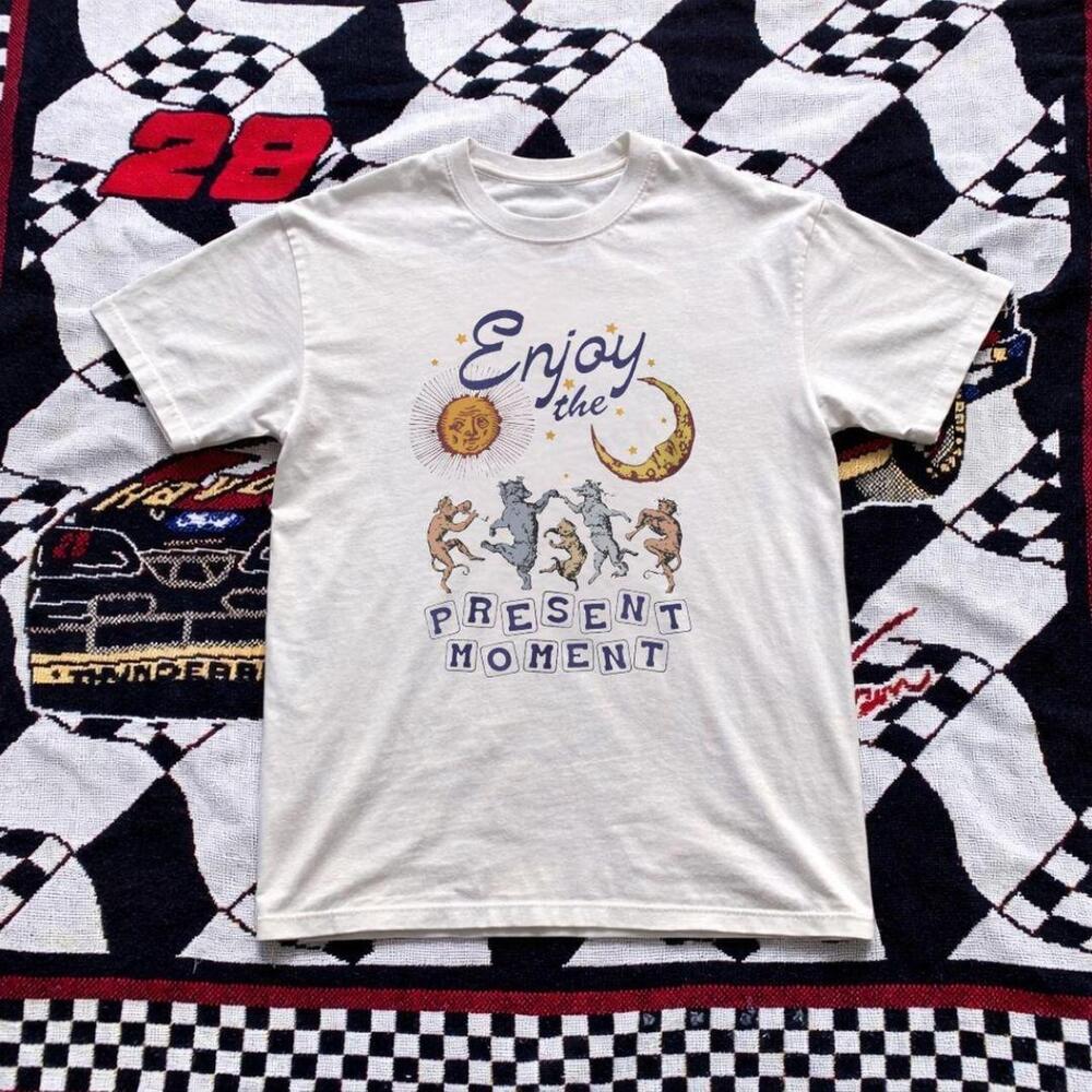 White Enjoy The Present Moment Tee With Multi-Coloured Graphics